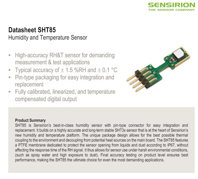 SENSIRION SHT85 Humidity Temperature Sensor -40°C - 105°C 2.15 - 5.5 V Digital - Image 2 of 4
