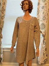 Earth Angels Light Grey White Polka Dot Long Sleeve Flannel Nightgown Women L