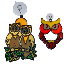 Vintage Suncatcher Owl Lot Stained Glass Multi Color Window Retro Moon Handmade