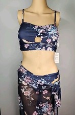 NWT Cupshe Womens Two Piece Swimsuit Size S Blue Floral Print w/ Tie Skirt