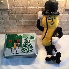 Mr. Peanut Christmas tin and stuffed Mr. Peanut