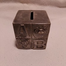Letter Block ABC 3" Cube Baby Children's Decor Silver Plated Coin Piggy Bank