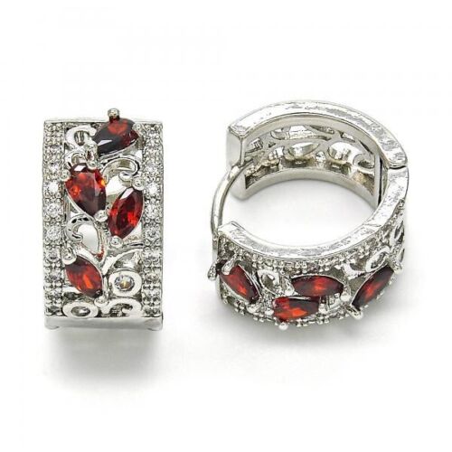 BEAUTIFUL HOOP EARRINGS  WITH RED AND WHITE CZ STONES RHODIUM  SILVER !!! - Picture 1 of 1