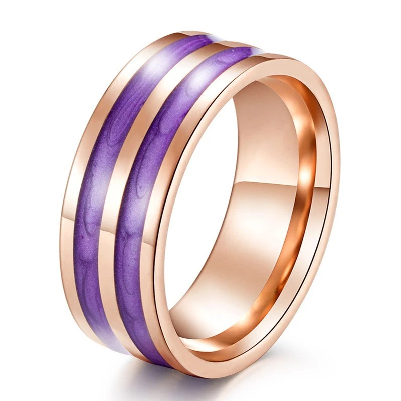 8mm Rose Gold Titanium Steel Band Women's Purple/Red/Green Enamel Ring Size 6-10 - Image 2 of 4