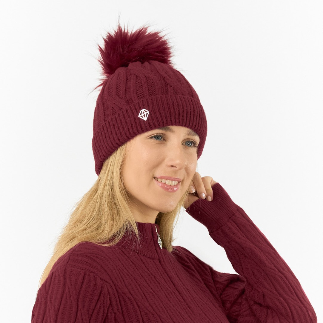 Pure Golf Ladies Lined Waterproof Bobble Hat with Cable Knit Design in Red