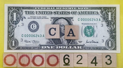 #ad 4 Digit Low Serial Number AU C 00006243 A Fancy Serial One Dollar Bill 2001 DC $18.95