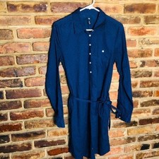 GAP Navy Blue Textured Jacquard Dot Button Down Mini Shirt Dress Size Small