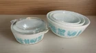 Vintage Pyrex White Turquoise Amish Butterprint 4pc Bowl Set-One Bowl W/ Lid