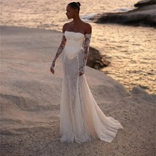 White Mermaid Off Shoulder Wedding Dresses Detachable Train Bridal Gowns