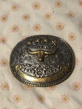 M F WESTERN Nocona Silver  Gold tone Steer Head Belt Buckle