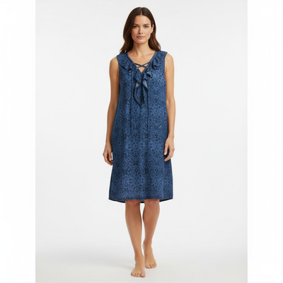 NWT Neiman Marcus Large Indigo Blue Denim Look Ruffle Lace Up Sheath Dress