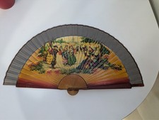 Vintage Serra Madrid Spanish fan, Feria de Abril scene, gray fabric leaf