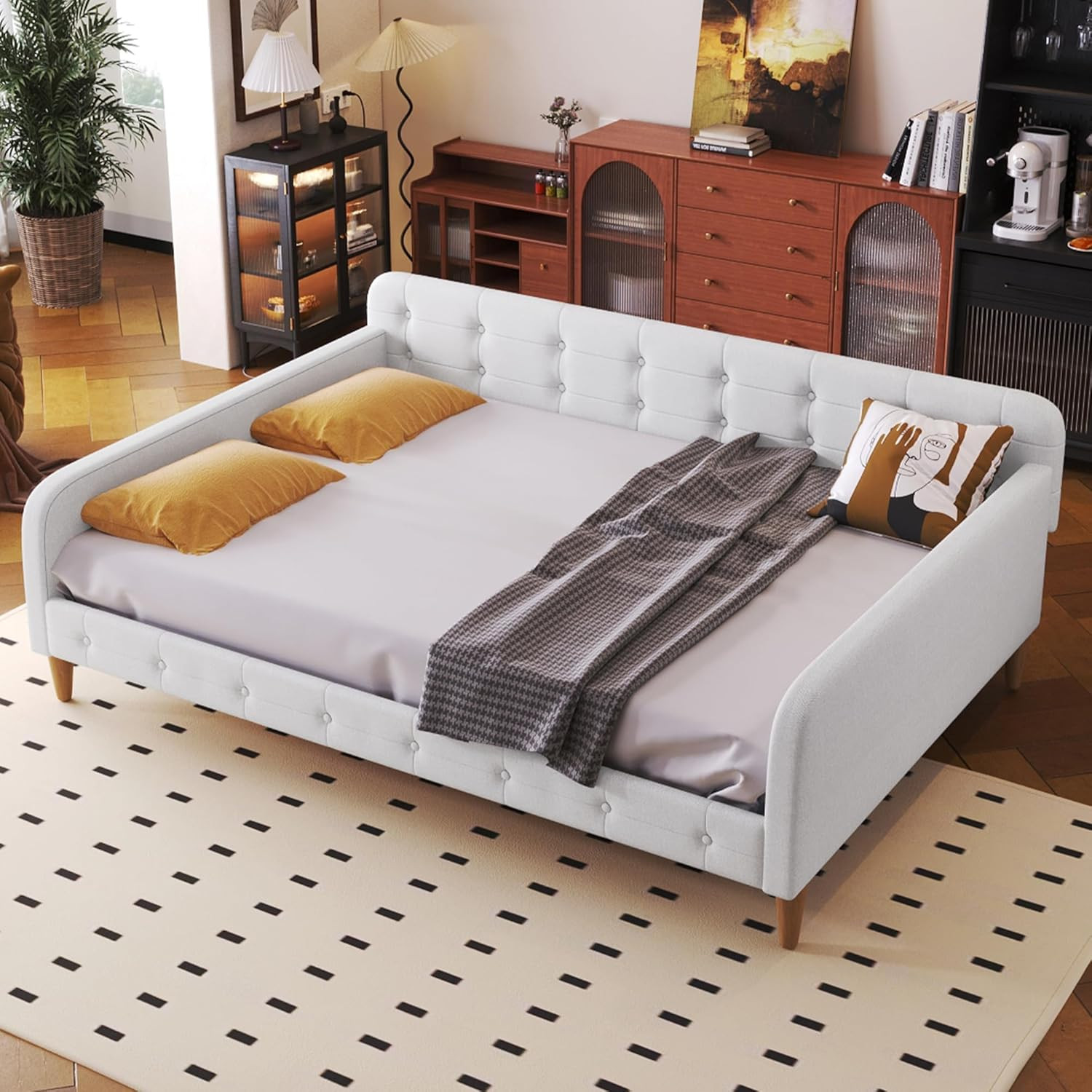 Stylish Beige Linen Daybed - 79" Full Size with Sturdy Woode
