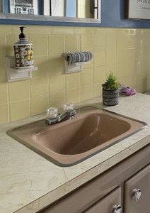 Vintage MidCentury 1960’s Cast Iron Sink, Buff Color with Aluminum Silver Trim