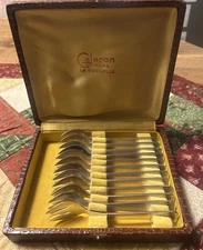 Antique Set 12 Dessert Forks, Caleron Orfevre La Rochelle Silver Plated 1920's
