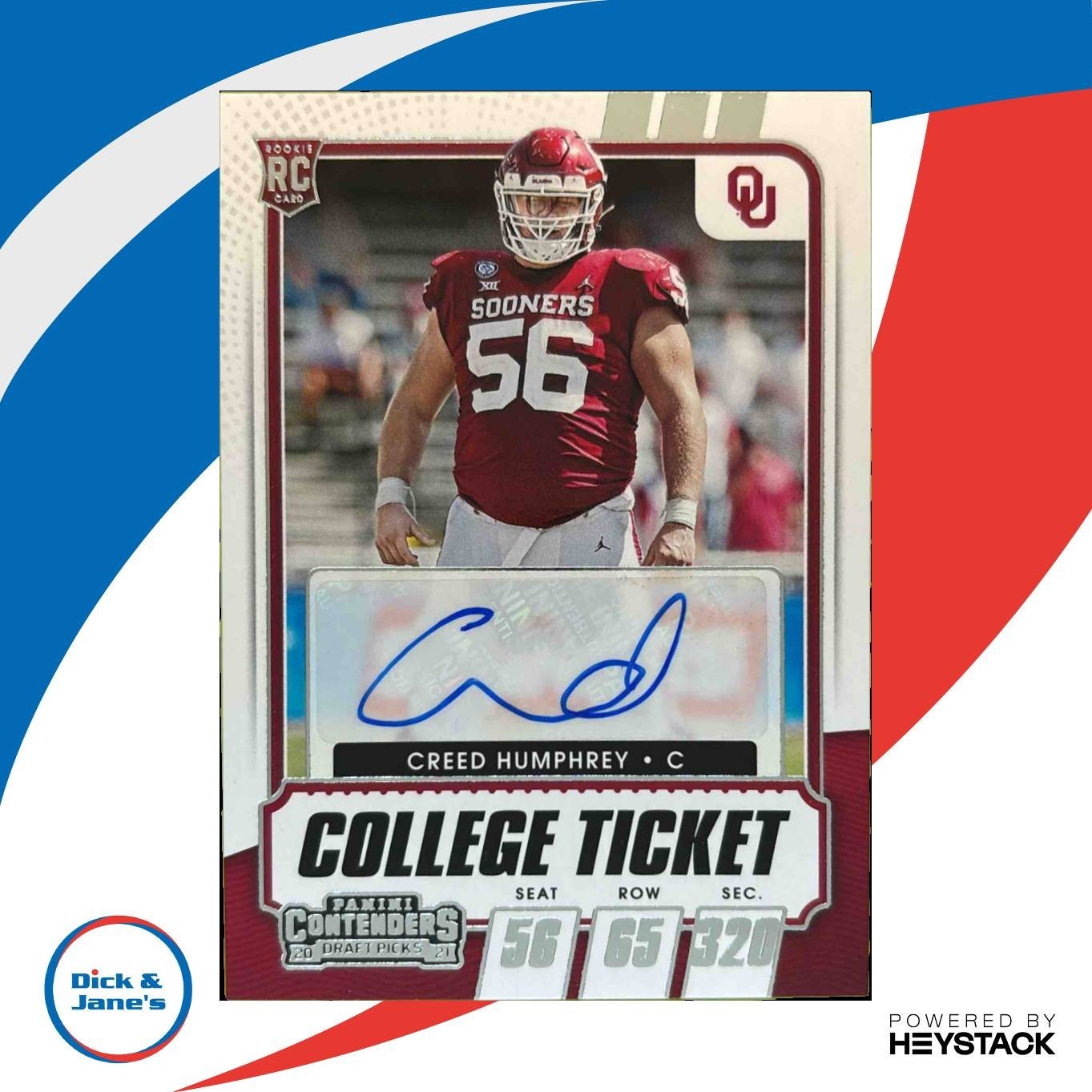 2021 Panini Contenders Draft Picks Creed Humphrey #238 RC Auto Oklahoma Sooners