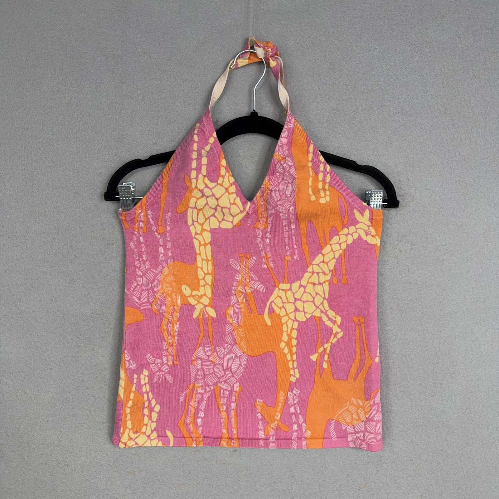 Vintage Lilly Pulitzer Tank Top Womens Large Pink Silk Giraffe Halter Tie Neck