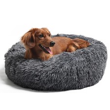 Round Dog Bed Calming Plush Faux Fur 30in Anti Slip Washable Medium Pet Use