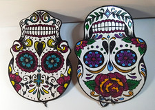 Lot Of 5 Halloween Wood Hanging Plaques, Painted Multicolor Skull Wall Decor
