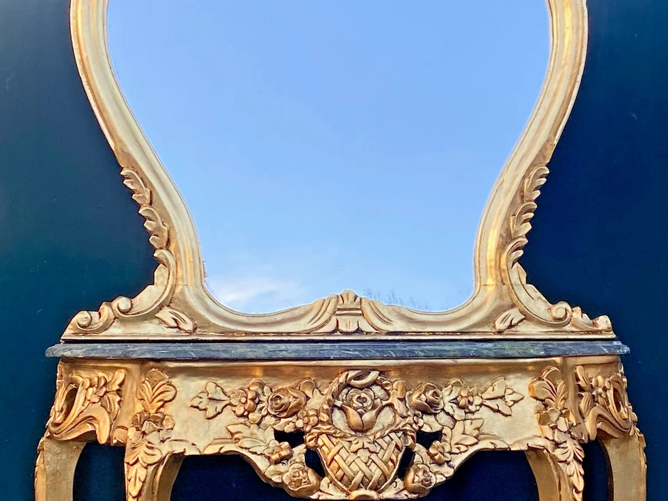 Console with Mirror – 1920s Louis XVI French Antique Marble Entryway Set - Image 4 of 4