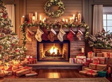 7x5ft Christmas Fireplace Backdrop Xmas Tree Stocking Polyester Background