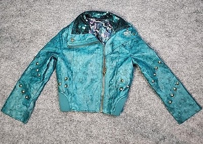 Disney Descendants  Uma Teal Green Sequin Faux Leather Moto Jacket | Girl Sz 4