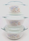 SET OF 3: Vintage PYREX England Blue Iris CASSEROLE BOWLS w/ LIDS