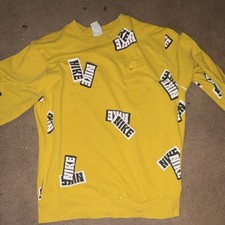 Nike Yellow Logo Print Crew Neck Fleece Pullover Sweatshirt Men's Long Sleeve M