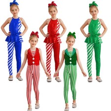 Kids Girls Christmas Tube Stripe Sequin Jumpsuit Dance Bodysuit Costume