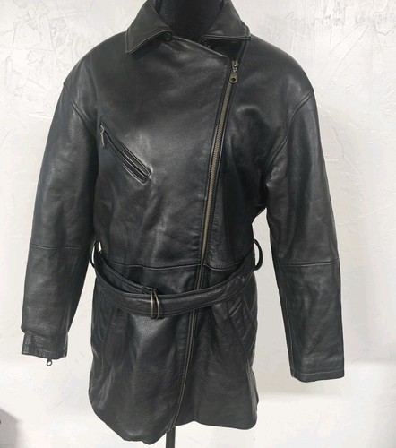 Tannery West Leather Jacket Womens XS Black Biker Full Zip Collared Long Belt