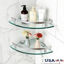 Wall Mount Corner Glass Shelf Set Bathroom Kitchen Storage Rust Proof Aluminum