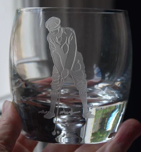 HANDSOME HEAVY VINTAGE COYLE MALE GOLFER ETCHED DOUBLE OLD FASHIONED GLASS HAV 4