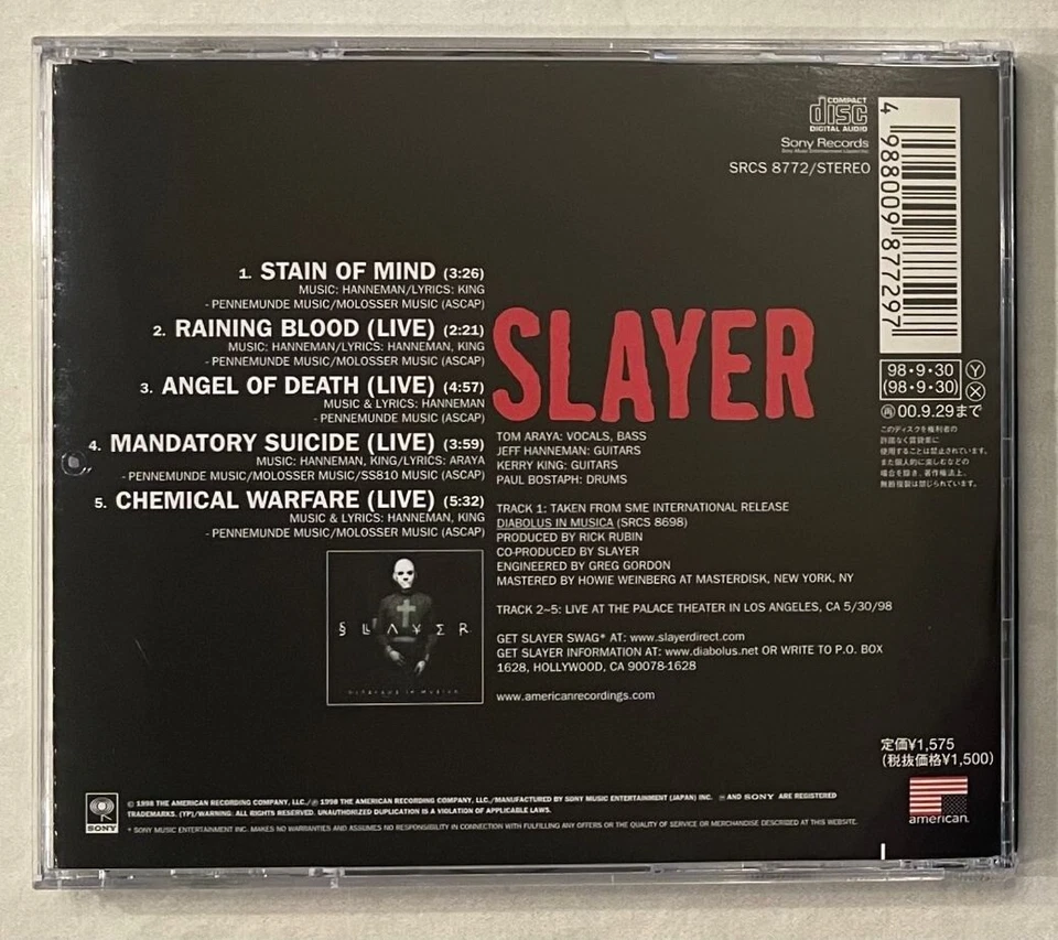 Slayer - Stain Of Mind + 4 Live Tracks (Japan CD w/OBI) Sony Records SRCS 8772 - Image 2 of 3
