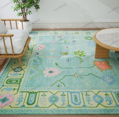 Teal Area Rug, Oushak Rug Orange Green Pink, Bright Turkish Rug, Modern Colorful