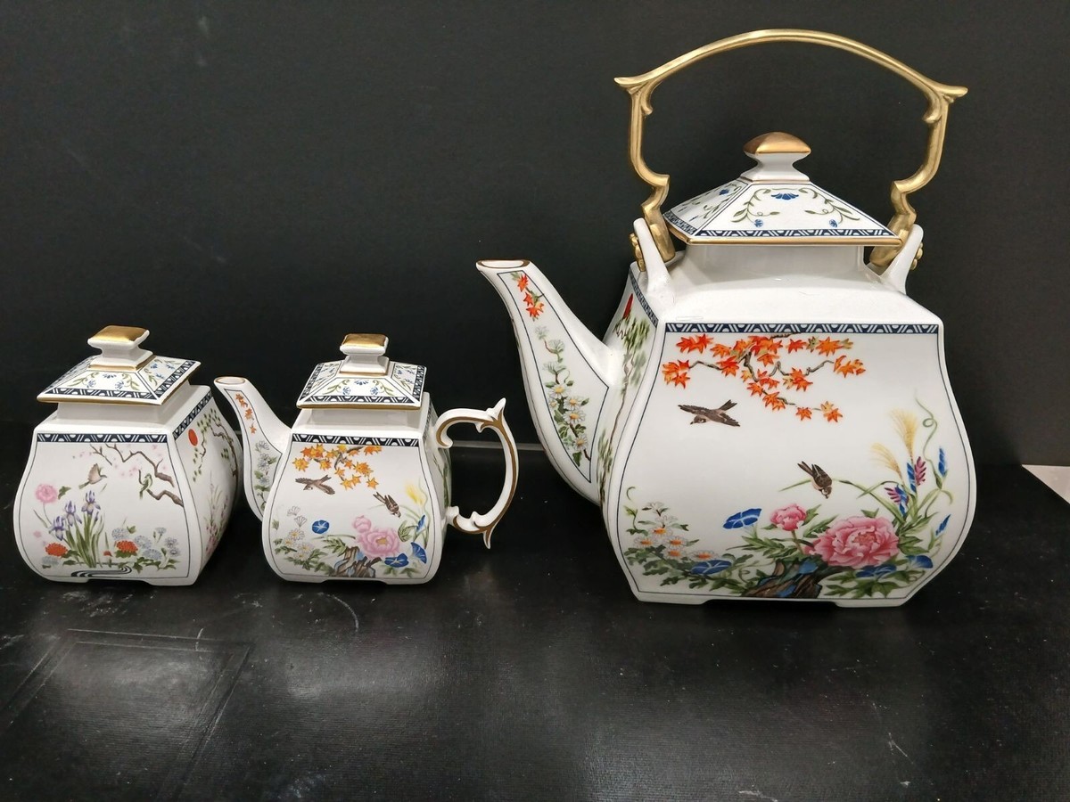 8 Pc Franklin Mint Birds & Flowers Of The Orient Tea Set w Creamer