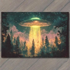 Art Print UFO Hovering Over Forest Sunset Glow Vibrant Mysterious Sci-Fi Scene