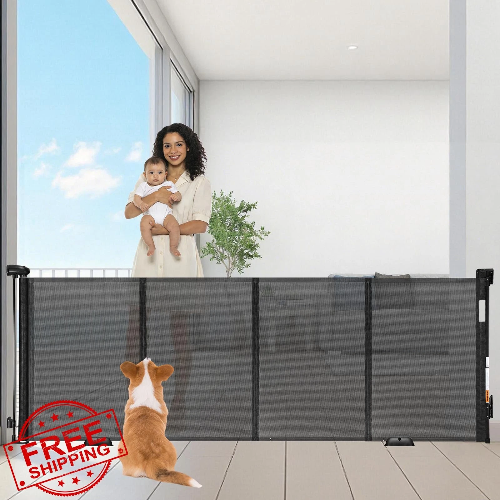 Froombex Retractable Dog Gate 98" Wide Reinforced Mesh Safety Black