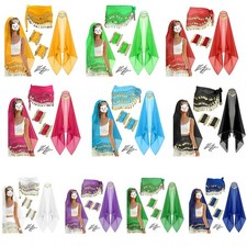 Women Belly Dance Show Costume Set w/Headpiece Veil Waist Wrap Bracelets Clips