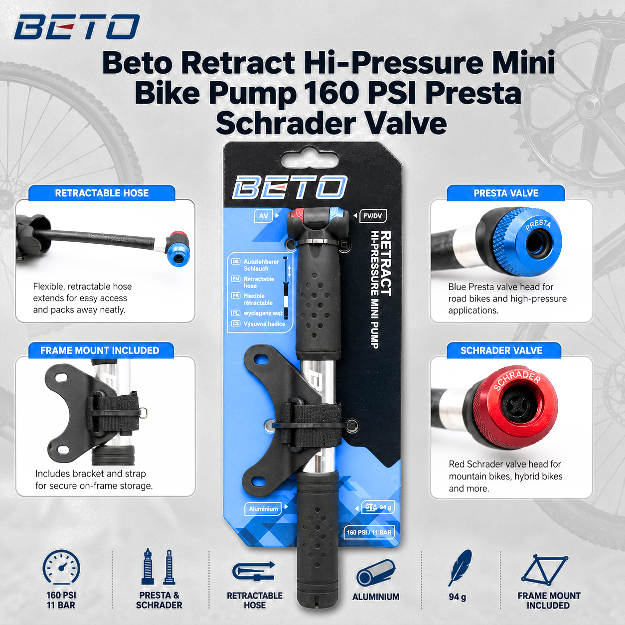 Beto Retract Hi-Pressure Mini Bike Pump 160 PSI Presta Schrader Valve