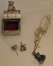 Pewter Silver Bear Necklace and Earrings Set with Gift Box Jewelry