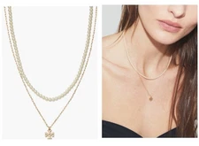 Tory Burch Tiny Pearl & TB Logo Necklace💛🤍47.5cm