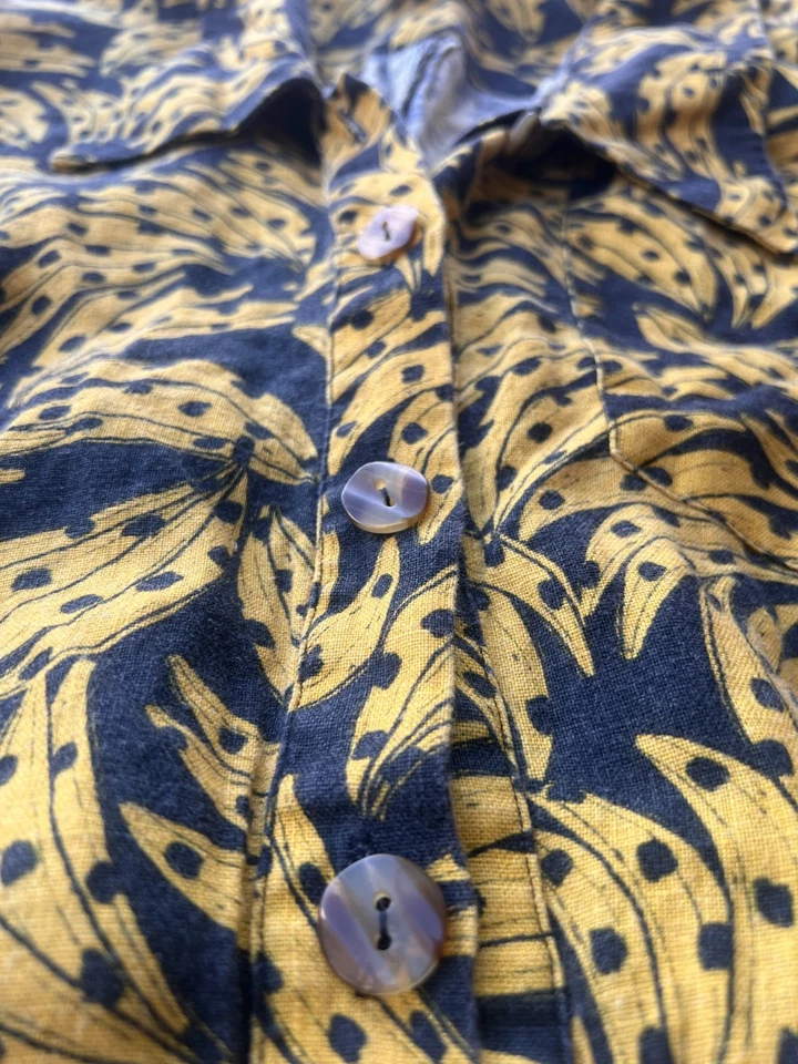 Anthropologie Farm Rio Banana Print Linen Romper Size Med Long Sleeve Shorts - Image 3 of 4