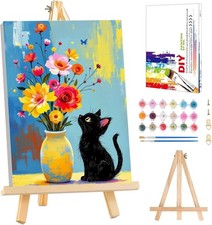 Cat Paint by Numbers Kit for Adults Beginner - Wooden Easel, Black Cat Paint by