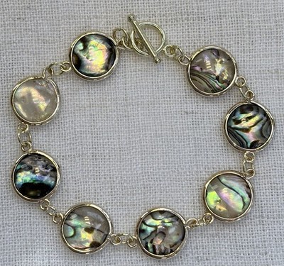 Abalone Shell Bracelet,iridescent,18K gold plated round shells.Extends 6.7 -7 