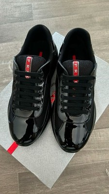 PRADA Cups Herren Sneaker Schwarz Lackoptik/Mesh Low Top Schnürung EU 41 882589