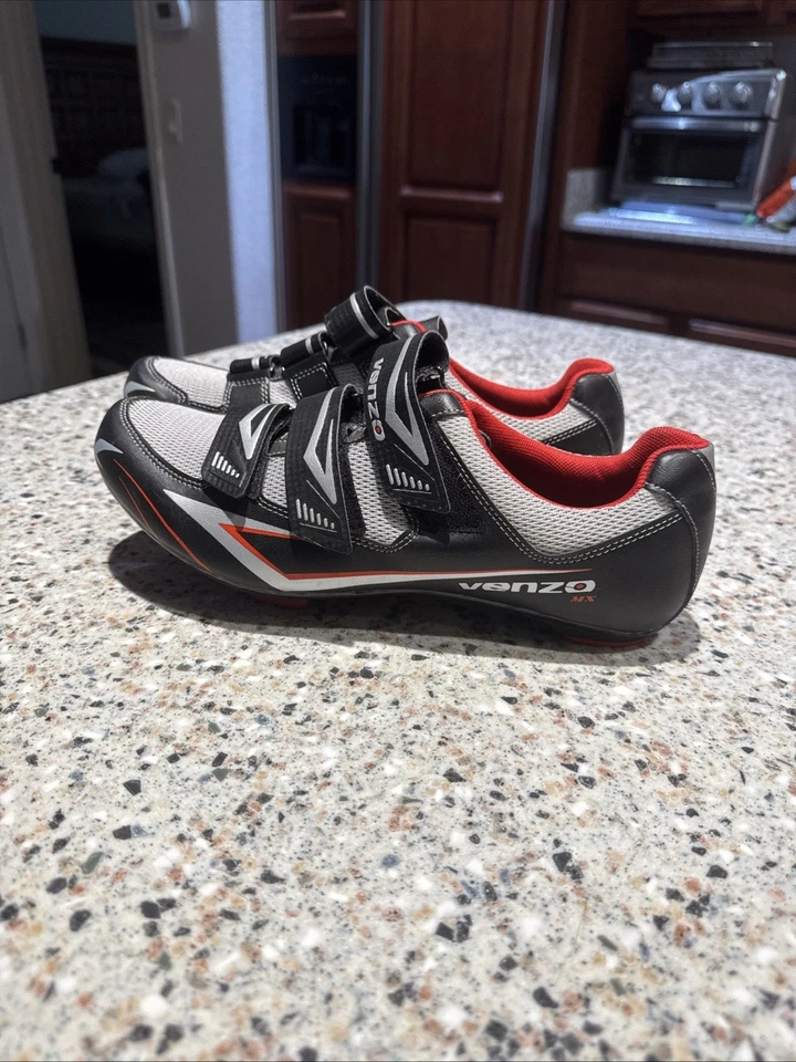Велосипедные туфли Venzo MX черные/красные/серые мужские с 3 ремешками размер 10,5 США - Изображение 2 из 4