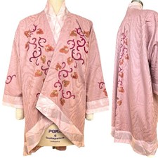 VTG Japanese Pink Haori Kimono Hand Painted Floral Moire A Line Jacket One Size