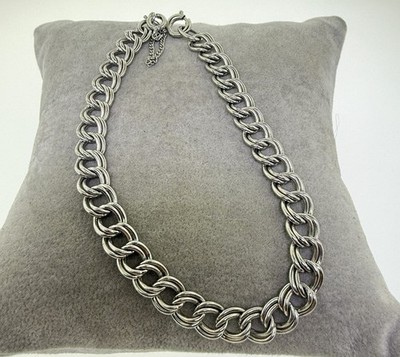 Sterling Silver Charm Bracelet 7.5'' Heavy Double Link Chain Spring Ring Clasp