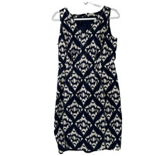 Talbots Shift Dress Size 8 Navy Blue Geometric Print Sleeveless V Neck Stretch
