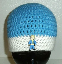 Fallout Vault Boy Beanie Hat Adult Size Handmade USA Blue White Crochet Gamer